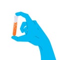 Test tube in the hand. Vector illustration of a gloved hand holding a test tube. Icon of a bright fluid in a vial. Concept of Royalty Free Stock Photo