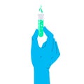 Test tube in the hand. Vector illustration of gloved hand holding a test tube. Icon of a bright green fluid in a vial. Concept of Royalty Free Stock Photo