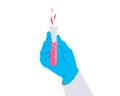 Test tube in the hand. Vector illustration of a gloved hand holding a test tube. Icon of a bright pink liquid in a vial. Concept Royalty Free Stock Photo