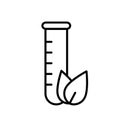 Test tube with leaves in foreground. Linear logo of eco lab. Black simple illustration of medical analysis for vegan, Royalty Free Stock Photo