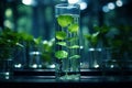 Test tube with a plant in the laboratory. Bioengineering and GMOs. generative AI