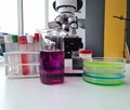 Test tube with purple liquid and multicolored liquids is examined in laboratory