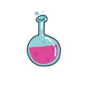 Test tube vector color outlined sketch icon isolated on white background. Hand drawn round bulb with pink bubble liquid . Tubes