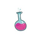 Test tube vector color outlined sketch icon isolated on white background. Hand drawn round bulb with pink bubble liquid . Tubes