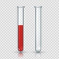 Test tubes with blood. Realistic laboratory equipment. Empty and full glass vials on transparent background. Lab bottle