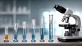 Test tubes with blue liquid stand next to a modern microscope on a table in a laboratory setting with a simple background Royalty Free Stock Photo