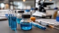 Test tubes with blue liquid stand next to a modern microscope on a table in a laboratory setting with a simple background Royalty Free Stock Photo