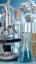 Test tubes with blue liquid stand next to a modern microscope on a table in a laboratory setting with a simple background Royalty Free Stock Photo