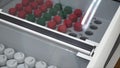 Test tubes and bottles arranged on medical trolley. Clip. Rack of test tubes in medical laboratory. Laboratory test