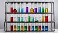 A test tubes closeup with medical glassware and a colorful scheme. The test tubes have a transparent look