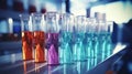 Test tubes with colorful liquid in a science laboratory. Generative AI. Royalty Free Stock Photo