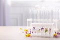 Test tubes with different flowers on white table, space for text. Essential oil extraction Royalty Free Stock Photo