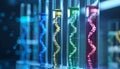 Test tubes with different illustrations of DNA in laboratory, closeup Royalty Free Stock Photo