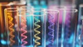 Test tubes with different illustrations of DNA in laboratory, closeup Royalty Free Stock Photo