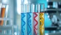 Test tubes with different illustrations of DNA in laboratory, closeup Royalty Free Stock Photo
