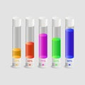 Test tubes filled with colored liquid on 25,40,75,65,90 %