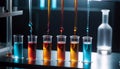 Test tubes filled with different colored liquids show chemical reactions with a wide variety of substances