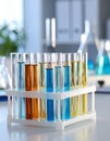 Many test tubes with samples in chemistry laboratory, closeup. Royalty Free Stock Photo