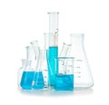 Test-tubes, flasks with blue liquid isolated Royalty Free Stock Photo