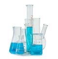 Test-tubes, flasks with blue liquid isolated Royalty Free Stock Photo