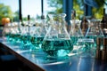 Test tubes with laboratory chemical tests stand on the table Royalty Free Stock Photo