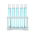 Test tubes with light blue liquid in rack isolated on white Royalty Free Stock Photo