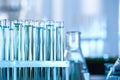 Test tubes with liquid samples for analysis in laboratory, closeup Royalty Free Stock Photo