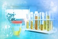 Urine sample test for nitrite or bacteria - test tubes in modern chemistry research office, medical 3D illustration