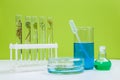 Test tubes and other laboratory glassware with different plants on green background Royalty Free Stock Photo