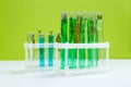 Test tubes and other laboratory glassware with different plants on green background Royalty Free Stock Photo