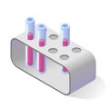 Test tubes with pink liquid and lab rack isometric illustration. Laboratory glass equipment.
