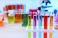 Test tubes with samples in rack on table, closeup. Solution chemistry Royalty Free Stock Photo