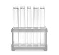 Test tubes with transparent liquid in holder isolated on white Royalty Free Stock Photo