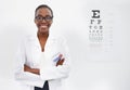 Test, vision and portrait of woman in consultation for optometry, eye exam and doctor in healthcare. Glasses, expert and Royalty Free Stock Photo