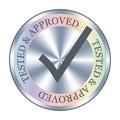 Tested and approved sticker, icon, badge with holographic effect and check mark. Silver stamp, icon, seal, award