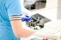 Testing for coronavirus Covid-19 in a lab. Medical screening and Covid tests production. Defocused Royalty Free Stock Photo