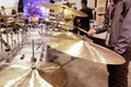Testing the cymbals Royalty Free Stock Photo