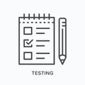 Testing line icon. Vector outline illustration of paper and pencil. Exam checklist pictorgam Royalty Free Stock Photo