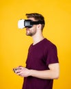 Testing new technologies. man with glasses of virtual reality. Future technology. guy getting experience using VR Royalty Free Stock Photo