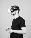 Testing new technologies. man with glasses of virtual reality. Future technology. guy getting experience using VR Royalty Free Stock Photo