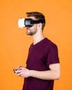 Testing new technologies. man with glasses of virtual reality. Future technology. guy getting experience using VR Royalty Free Stock Photo