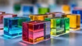 Testing tinted resin samples on a lab bench in focus on color transparency and sample shape with softfocus lab Royalty Free Stock Photo