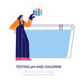 Testing water PH and chlorine level for swimming pool, flat vector illustration.