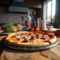 testy pizza on kitchen table against sun light rays window surround by vegetables high details, ai generated