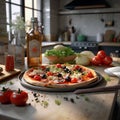 testy pizza on kitchen table against sun light rays window surround by vegetables high details, ai generated