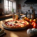 testy pizza on kitchen table against sun light rays window surround by vegetables high details, ai generated