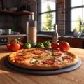 testy pizza on kitchen table against sun light rays window surround by vegetables high details, ai generated