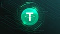 Tether coin with crypto currency themed banner. Tether or USDT icon on modern neon color background. Cryptocurrency Blockchain.