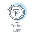 Tether cryptocurrency coin line, icon of virtual currency