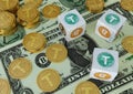 Tether. Cryptocurrency Gold coins. Cryptocurrency mining. Game dice